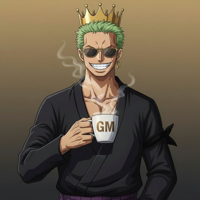 An anime-style illustration of a green-haired man wearing a gold crown, sunglasses, and a black robe, smiling while holding a steaming white mug labeled "GM".
