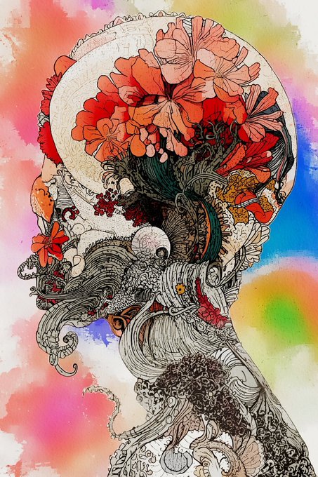 An intricate, surreal artistic illustration featuring a woman's profile with flowers blooming from her head, rendered in detailed black line work against a colorful watercolor background of pink, blue, and yellow.