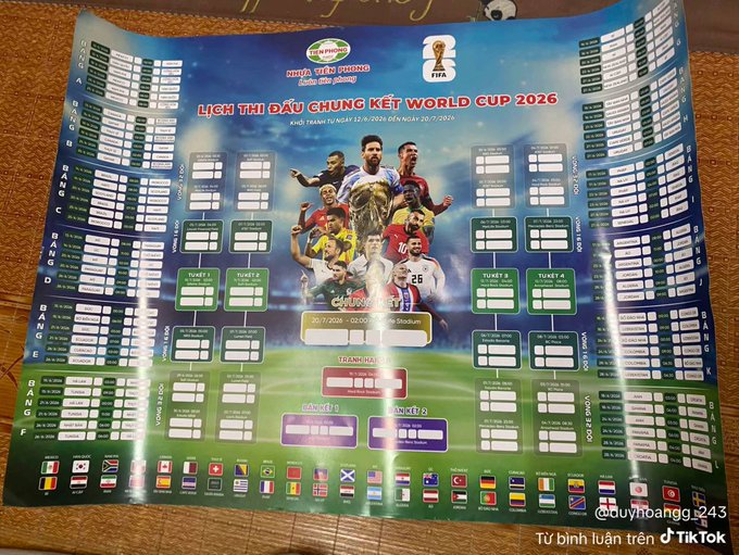 The image features a poster for the FIFA World Cup, which includes the names of all the participating teams along with their respective positions. The poster also displays the names of the winning countries from each team. The poster is displayed on a wooden floor, giving it an artistic and visually appealing look.