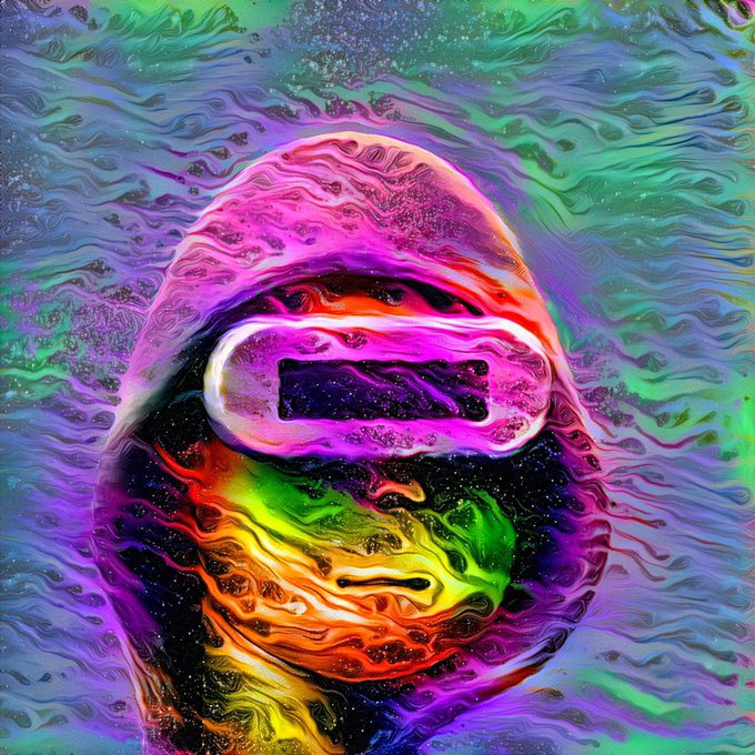 A vibrant, psychedelic digital artwork depicts an Among Us crewmate character with a rainbow gradient body and pink hood against a swirling, multicolored background.