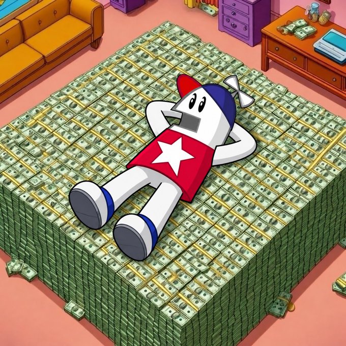 A 3D animation still shows a stylized, blocky cartoon character wearing a red shirt with a white star, a blue cap, and a propeller, lying on top of a massive pile of banded US dollar bills.