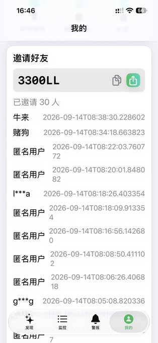 The image shows a Chinese-language "Invite Friends" (邀请好友) screen from what appears to be a mobile app, displaying an invitation code "3300LL" and a list of 30 invited users with timestamps, alongside the caption explaining this screenshot is meant to verify the inviter's username/email for a refund process related to the FomoPeek wallet monitoring project.