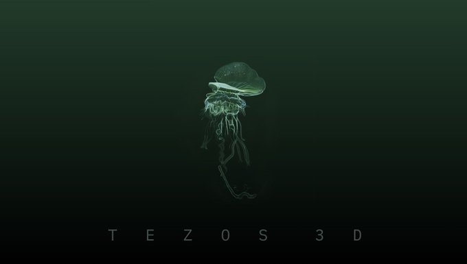 A dark screen displaying a glowing green jellyfish graphic with the text 'TEZOS 3D' below it.
