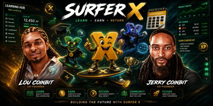 A promotional graphic for 'SURFER X' featuring co-founders Lou Coinbit and Jerry Coinbit, with cartoon mascots and educational platform features.