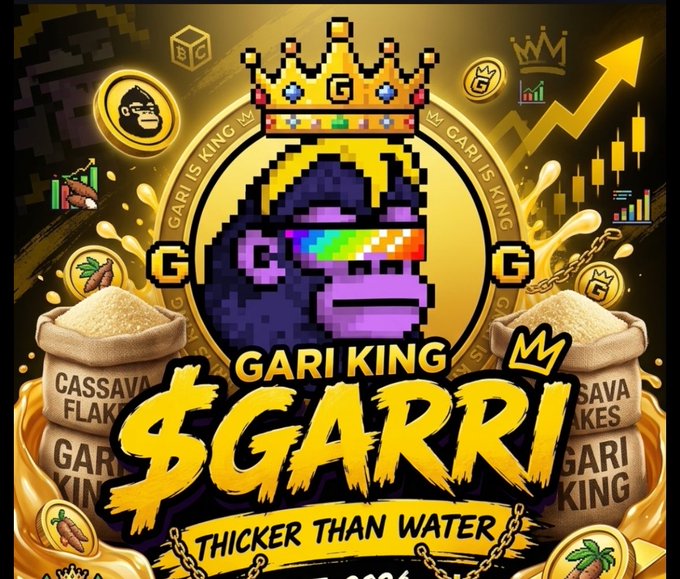A vibrant meme-style graphic featuring a pixelated gorilla character wearing pixelated sunglasses and a crown, with text reading "GARI KING," "$GARRI," "THICKER THAN WATER," surrounded by sacks of cassava flakes and trading chart imagery.