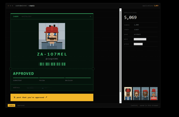 A cryptocurrency waitlist application page displays a pixel art character labeled 'ZA-107MEL' with a status marked 'APPROVED' and 5,069 applications.