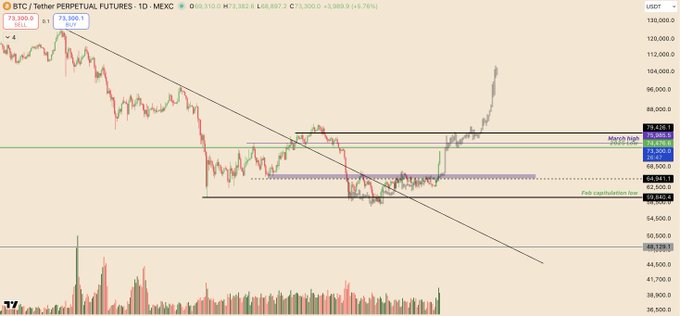 A cryptocurrency trading chart for BTC/Tether Perpetual Futures on MEXC showing BTCUSDT price at 73,300.1 with technical analysis annotations including a 'March high' zone, 'Feb capitulation low' level, and a downward trendline on a daily timeframe.