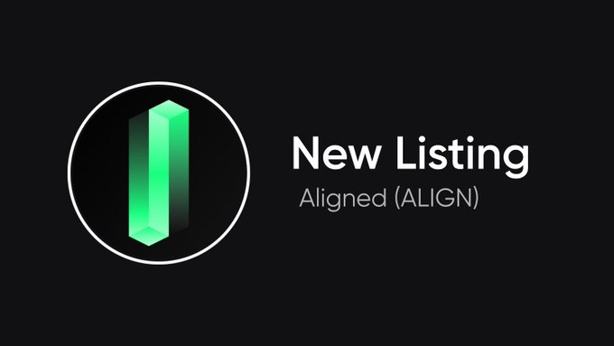 A black banner announces "New Listing" for Aligned (ALIGN), featuring a green 3D bar logo inside a white circle. The post promotes the availability of $ALIGN on Bitvavo.