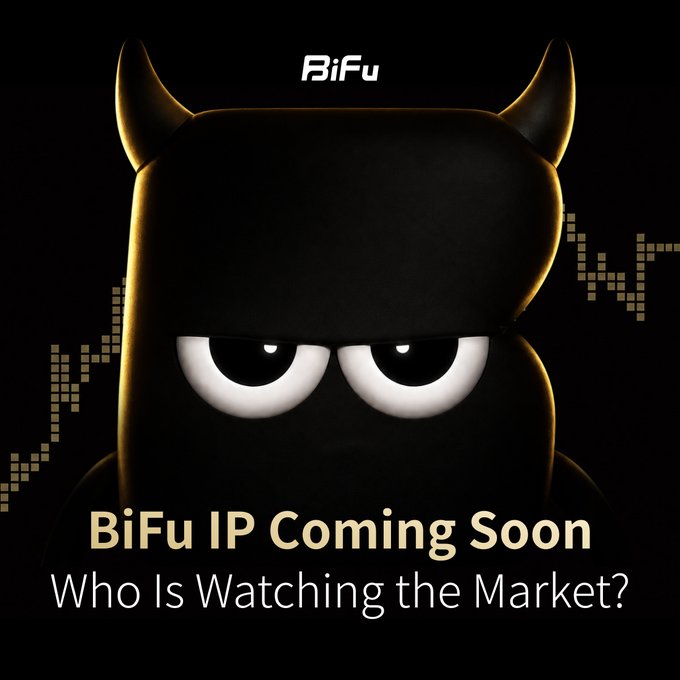 Promotional graphic for BiFu IP showing a black, horned cartoon character with the text 'BiFu IP Coming Soon - Who Is Watching the Market?'