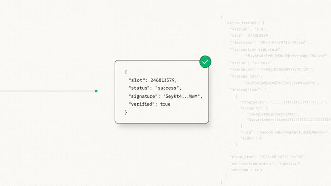 Light-themed web interface showing a green checkmark confirmation popup with JSON details including 'slot: 246013579,' 'status: success,' 'signature: 5eykt4...WnY,' and 'verified: true,' alongside faded transaction signature and instructions code.