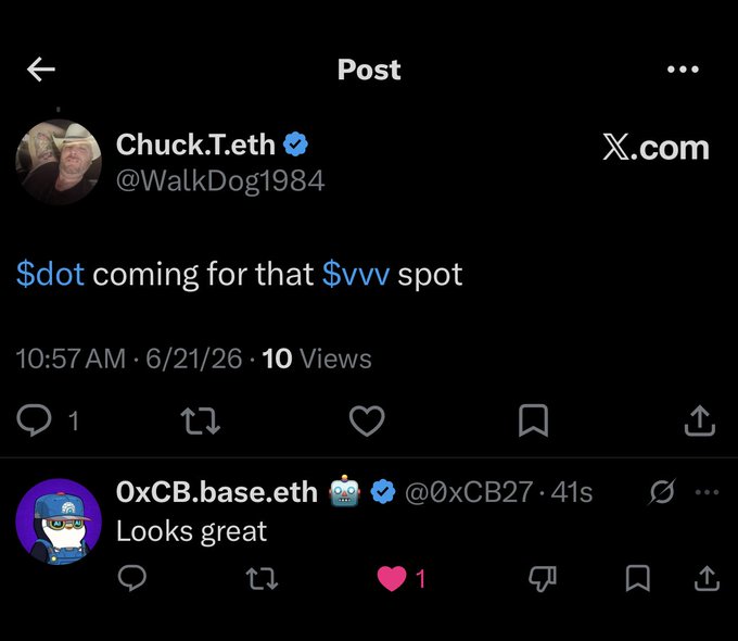 The image shows a Twitter post about a new $dot coming for that VVW spot, which has generated a lot of interest among the followers. There are two posts available in this context - one being a screenshot of an Instagram page showing a man's face, and another featuring a direct message from the person who posted the screenshots. The text of these posts includes mentions like "looks great" and "buzz", indicating that the content is popular and well-received by the audience. This highlights the interest generated by the $dot for that specific VVW spot.