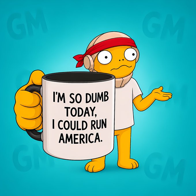 A cartoon yellow character with a red bandana and headphones holding a coffee mug that reads 'I'M SO DUMB TODAY, I COULD RUN AMERICA.' against a teal background with 'GM' watermarks.