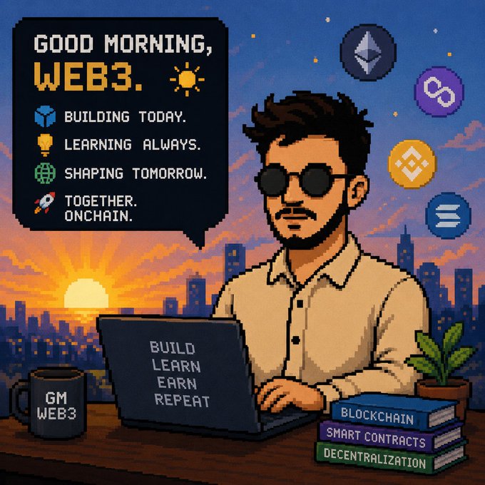 A pixel-art developer wearing sunglasses works at a laptop labeled "BUILD LEARN EARN REPEAT," surrounded by floating crypto logos (Ethereum, Polygon, BNB, Solana) and books on "Blockchain," "Smart Contracts," and "Decentralization," with a "GM WEB3" mug and a sunrise speech bubble declaring "Good morning, Web3. Building today. Learning always. Shaping tomorrow. Together. Onchain." The scene visually embodies the post's message about Web3 builders rising early to ship code, research, and collaborate—capturing the dawn energy of decentralized innovation.