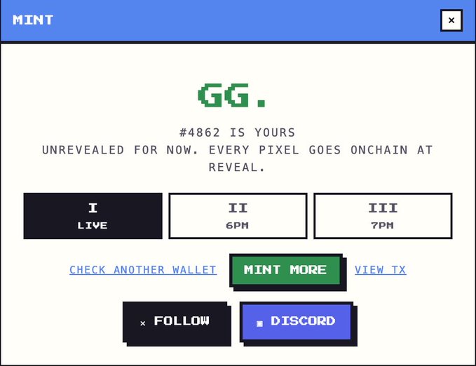 A confirmation modal from scriptkiddies.com displays "GG." in green pixel art, announcing that "#4862 IS YOURS" but currently unrevealed until minting concludes. The interface includes three tier options (I LIVE, II 6PM, III 7PM), a "MINT MORE" button, and "FOLLOW"/"DISCARD" options, indicating a successful free mint of a Chain Mancer NFT as referenced in the tweet.