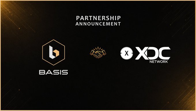A dark graphic with gold accents announces a 'PARTNERSHIP ANNOUNCEMENT' between 'BASIS' and 'XDC NETWORK', featuring a handshake logo between them.