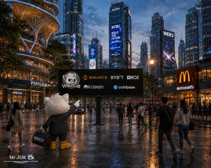 The image depicts WikiCat's mascot standing in a bustling, neon-lit futuristic city square, with a large billboard prominently displaying the logos of top crypto exchanges—Binance, Bybit, OKX, Kraken, and Coinbase—alongside the WikiCat ($WKC) branding, symbolizing the project's growing proximity to major exchange listings.

In relation to the post, the visual reinforces the narrative that Sir Mapy may already be quietly negotiating $WKC's listing on top-tier exchanges like Binance, as the prominent display of exchange logos alongside WikiCat's branding suggests strategic positioning for a major market debut.
