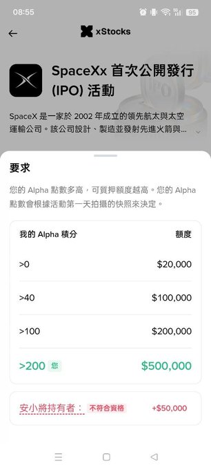 The image shows an app screen with information about the SpaceX IPO. It displays details of the upcoming IPO, including the price range for shares and the estimated number of shares available. The app also provides a summary of the event page related to the Binance Wallet, which is currently inactive.