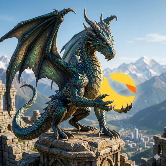 A majestic teal dragon perches atop a stone castle pedestal overlooking snow-capped mountains, clutching a glowing golden orb with a small orange crescent detail—symbolizing the fierce guardianship of $LUNC holders. The image's mythical, "hold the line" vibe reinforces the post's rallying cry for Terra Luna Classic supporters to retweet their diamond-handed loyalty.