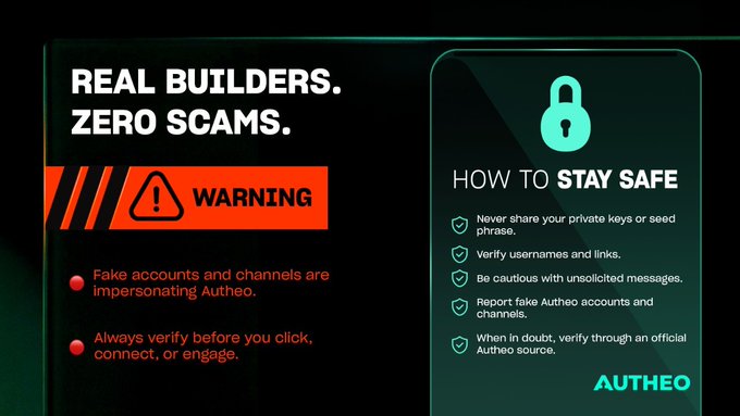 A dark-themed safety graphic titled "REAL BUILDERS. ZERO SCAMS." with an orange warning banner alerting that "Fake accounts and channels are impersonating Autheo," alongside a teal "HOW TO STAY SAFE" panel listing tips like never sharing private keys, verifying usernames and links, and reporting fake Autheo accounts—directly reinforcing the post's community safety notice about impersonators targeting Autheo users.