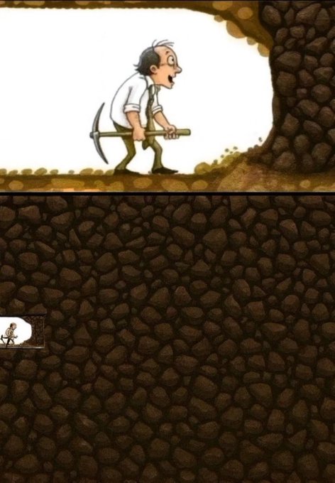 A cartoon illustration of an older man in a white shirt and tie, looking frightened while holding a pickaxe, emerging from a rocky cave into an underground area.