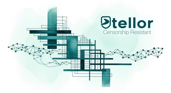 A graphic design featuring 'Stellor Censorship Resistant' next to abstract teal and dark green architectural shapes and a network of connected dots.