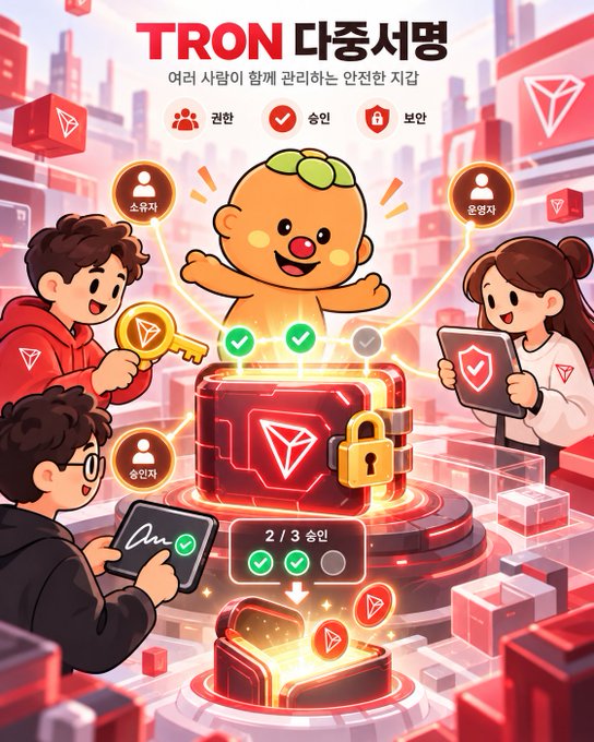A colorful Korean TRON promotional illustration titled “TRON 다중서명” shows people completing a “2 / 3 승인” multi-signature verification process with shield and padlock icons.
