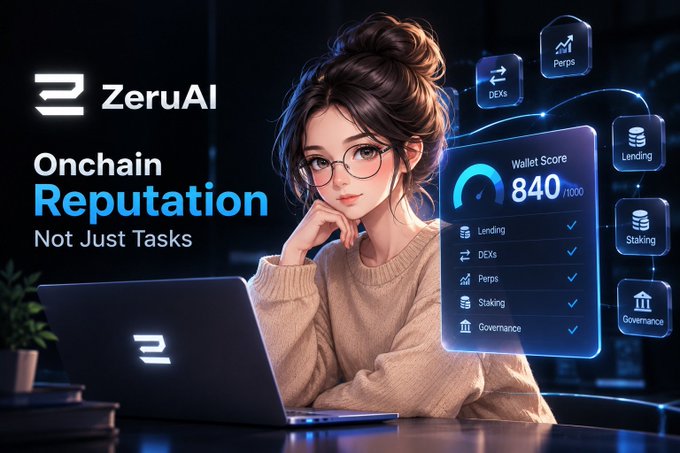 A promotional graphic for 'ZeruAI' featuring an anime-style woman at a laptop, with text 'Onchain Reputation, Not Just Tasks' and a 'Wallet Score 840/1000' panel listing Lending, DEXs, Perps, Staking, and Governance.