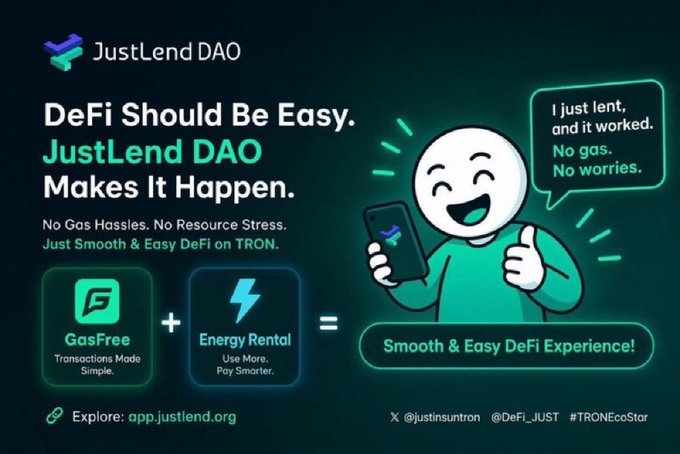 A promotional graphic for JustLend DAO featuring a smiling cartoon character holding a phone with a speech bubble reading 'I just lent, and it worked. No gas. No worries.', promoting their GasFree and Energy Rental services on TRON.