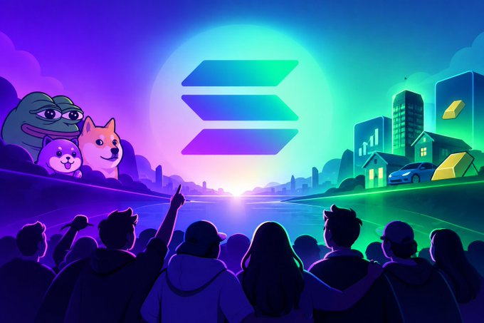 A digital illustration depicting a crowd of silhouetted figures looking toward a glowing horizon with the Solana logo, flanked by a Pepe-like character and a Shiba Inu dog on one side and a futuristic cityscape with gold bars on the other.