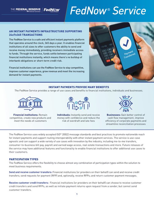 Federal Reserve informational document titled 'FedNow Service' describing it as a 24/7x365 instant payments infrastructure, highlighting benefits for financial institutions, individuals, and businesses.