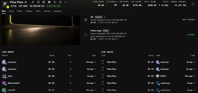 A Magic Eden NFT marketplace listing for 'Flour Pass' showing a floor price of $2.68, with live mints and sales activity displayed on the dashboard.