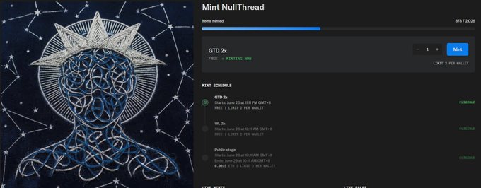 A digital storefront for the "Mint NullThread" NFT collection with 676/2,220 items minted, showing the "GTD 2x" mint option priced at "FREE + MINTING NOW" alongside a schedule listing GTD 2x, WL 2x, and Public stage phases, with an intricate celestially-themed illustrated figure on the left side—corresponding to the reopened GTD and WL mint phases mentioned in the post.