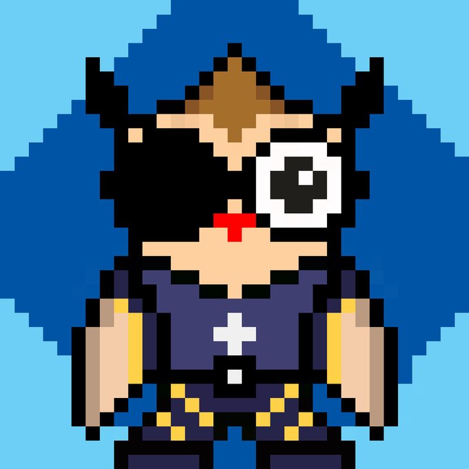 A pixel art character sprite of a person with dark hair, a red mark on their cheek, a white eye patch, and a purple tunic with yellow accents, standing against a blue background.