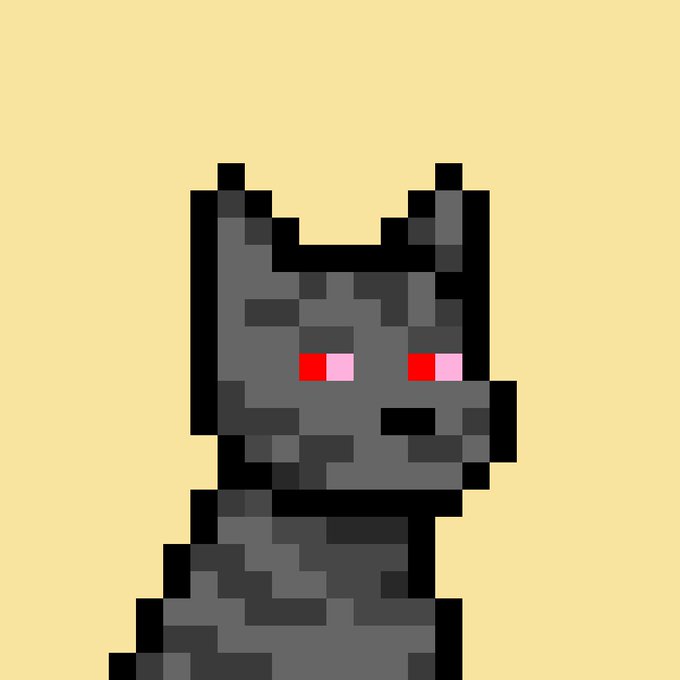 A pixel art illustration of a black/dark gray dog with red eyes against a pale yellow background, representing the "Doginal Dog" meme — a play on Dogecoin — that symbolizes resilience and loyalty in a market where most traders give up. The image's stoic, determined-looking dog visually reinforces the post's message of pride and persistence in the face of market adversity.