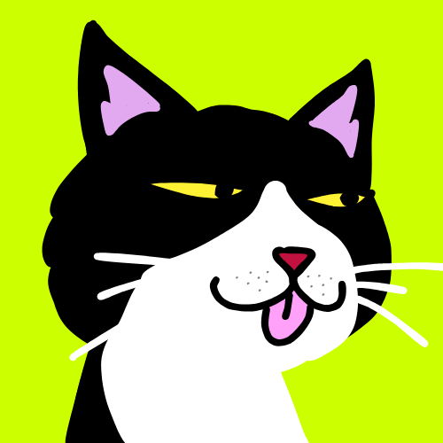 A cartoon illustration of a black and white tuxedo cat with its tongue sticking out against a bright lime green background.