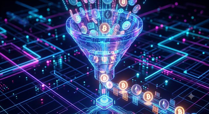 A digital art piece showing a glowing funnel of cryptocurrency coins, including Bitcoin symbols, flowing into a network of neon-lit circuit lines on a dark background.