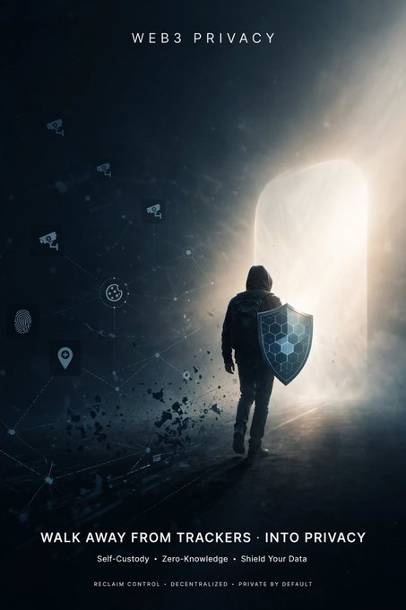 Web3 privacy promotional poster titled 'WEB3 PRIVACY' showing a hooded figure with a shield walking toward a light, with text 'WALK AWAY FROM TRACKERS · INTO PRIVACY' and 'Self-Custody · Zero-Knowledge · Shield Your Data'.