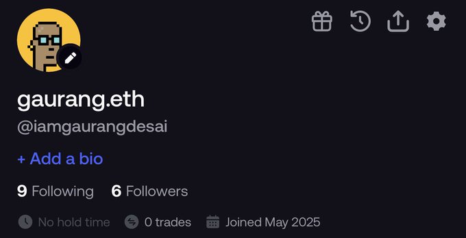 A dark-mode social media profile for 'gaurang.eth' (@iamgaurangdesai) showing 9 Following, 6 Followers, 0 trades, and 'Joined May 2025', with a pixelated avatar.