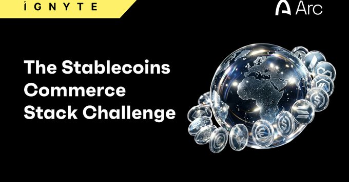 The image features an advertisement for a stack challenge event related to stablecoins. The challenge was hosted by Ignyte and supported by Circle and Arc. The main focus of the challenge is the Stablecoin commerce stack, which involves designing and implementing a custom-built stack that allows users to manage their cryptocurrency wallets effectively. The goal is to educate participants about the concept of stablecoins, their advantages, and how they can be used for various purposes in cryptocurrency trading and management.