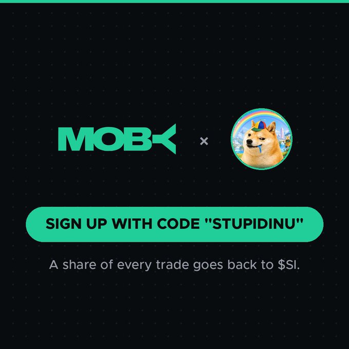The image shows a promotional graphic for a MOBY x Stupid Inu partnership, featuring the MOBY logo alongside a Shiba Inu dog mascot with a crown, with a call-to-action to "SIGN UP WITH CODE 'STUPIDINU'" and a note that "A share of every trade goes back to $SI." This visually introduces the collaboration announced in the post, where Moby's real-time tracking tools for $SI (Stupid Inu) whale activity, token insights, and automated orders are made accessible through the referral code.