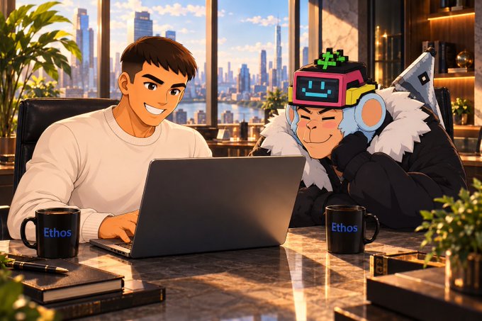 An anime-style illustration of two characters sitting at a marble desk with a laptop and two mugs labeled 'Ethos', with a city skyline visible through the window behind them.