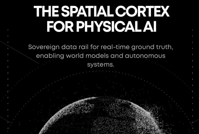 A dark graphic titled 'THE SPATIAL CORTEX FOR PHYSICAL AI' describes it as a 'Sovereign data rail for real-time ground truth, enabling world models and autonomous systems,' with a stylized wireframe globe below.