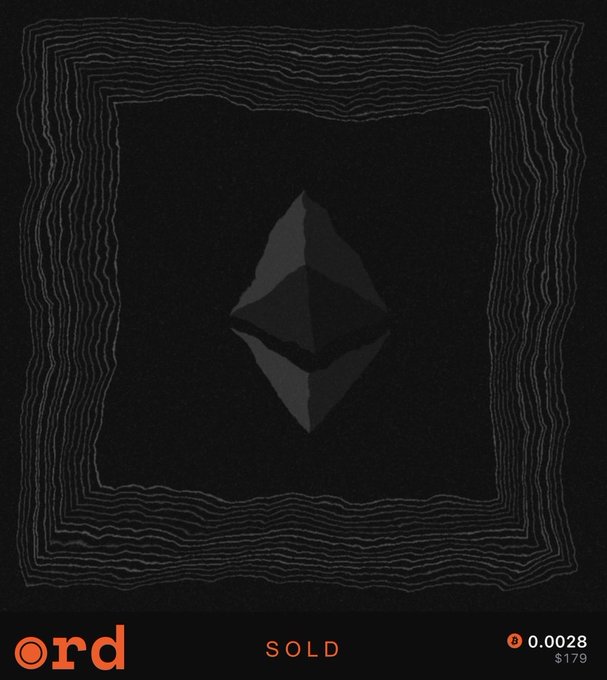 A digital artwork or NFT listing with concentric square patterns surrounding a central diamond/octahedron shape on black, marked 'SOLD' with the 'ord' logo and price '0.0028 / $179' visible.