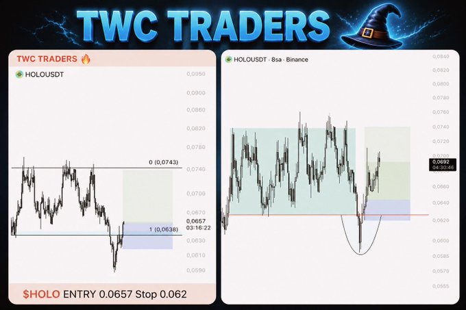 The image shows a TWC Traders chart analysis of $HOLO/USDT featuring two candlestick charts with entry at 0.0657 and stop at 0.062, displaying projected targets at 0.0743 and 0.0692, which aligns with the post's claim of a successful +10% setup.
