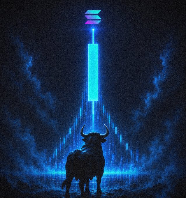 Silhouette of a bull standing before a glowing blue digital pillar with cascading light effects, topped with a purple and pink symbol in a dark, atmospheric setting.