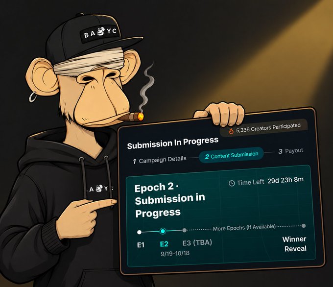 A cartoon Bored Ape wearing a "BAYC" cap smokes a cigar while pointing to a "Submission In Progress" screen showing "Epoch 2 · Submission in Progress" with 5,336 creators participated and 29 days 23h 8m remaining.