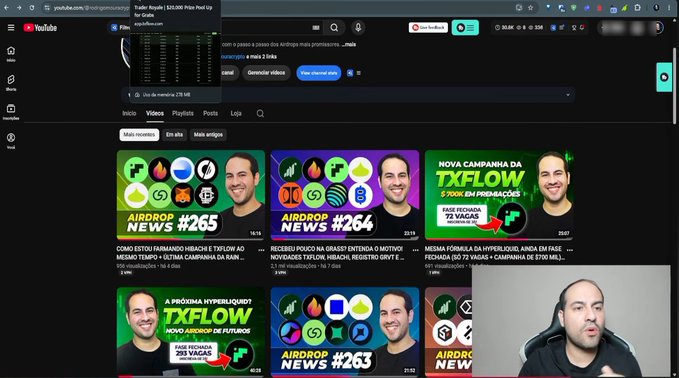 The YouTube thumbnail for "Airdrop News #265" is prominently displayed, featuring the title, a host's image, and icons related to cryptocurrency projects like TxFlow and Hibachi, as mentioned in the accompanying post. This visual directly corresponds to the advertised YouTube video.