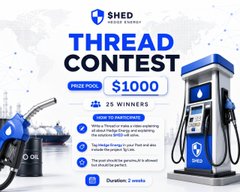 A promotional advertisement for 'SHED Networking Company' THREAD CONTEST with a prize pool of $1000 for 25 winners, featuring images of oil barrels and a gas pump.