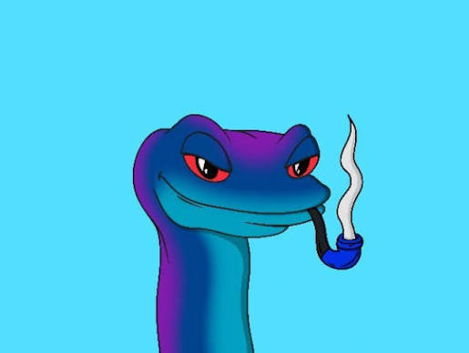 A cartoon drawing of a blue and purple snake-like creature with red eyes smoking a pipe against a blue background.