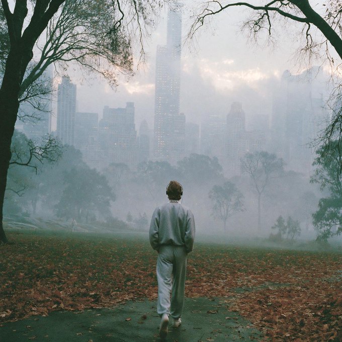 A person in a light tracksuit walks through a foggy, leaf-strewn park toward a mist-shrouded city skyline of tall skyscrapers, framed by bare tree branches.